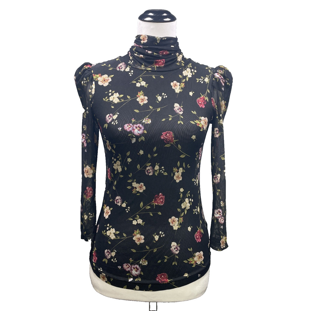 Catherine Malandrino XS Floral Long Slv Turtle Neck Sheer Mesh Puff Shoulders